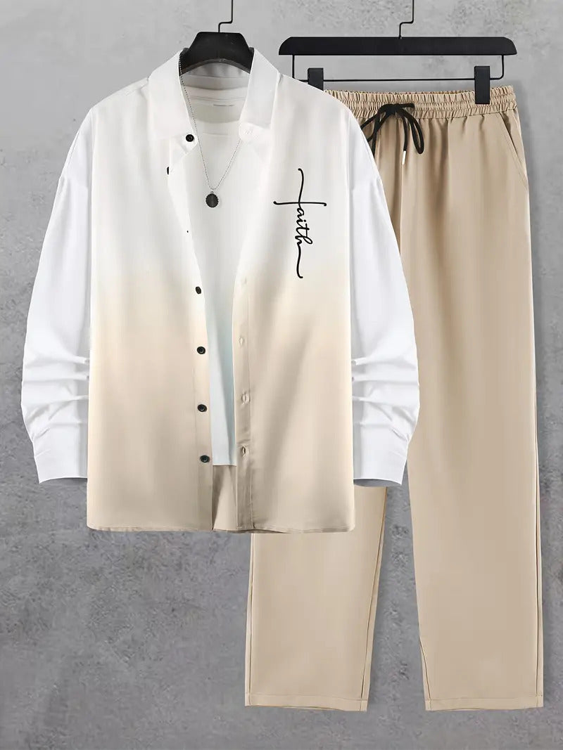 Fashion Trend Color Gradient Long Sleeve Shirt Trousers Suit