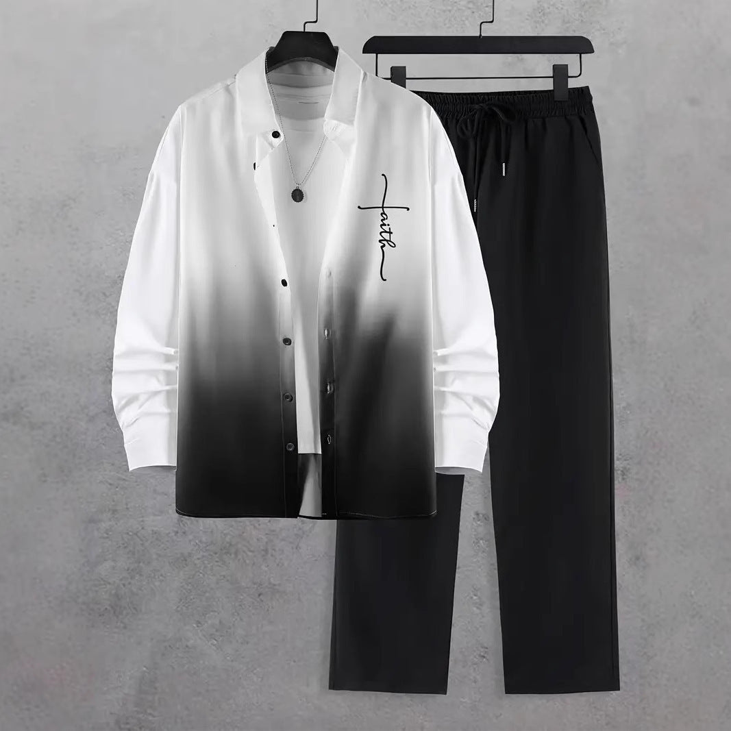 Fashion Trend Color Gradient Long Sleeve Shirt Trousers Suit