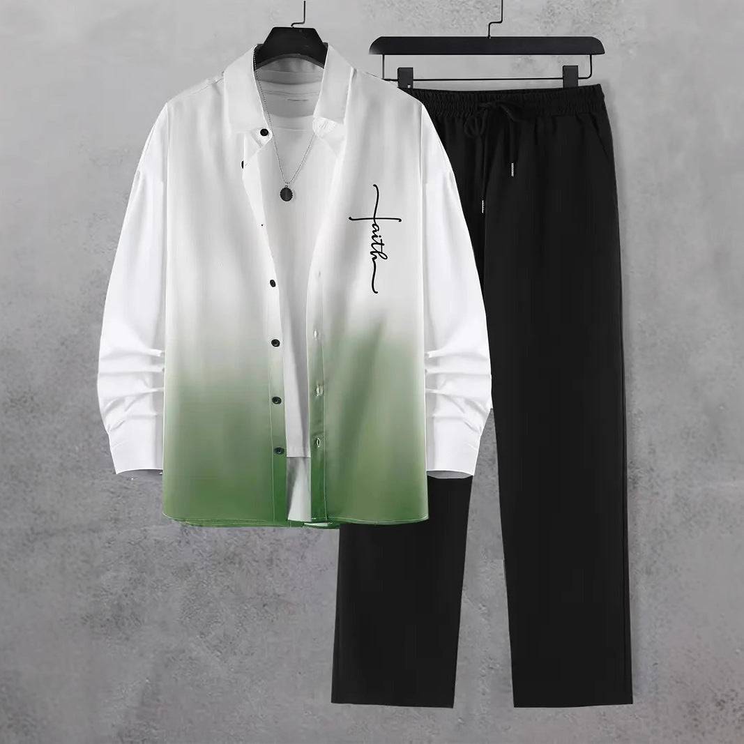 Fashion Trend Color Gradient Long Sleeve Shirt Trousers Suit
