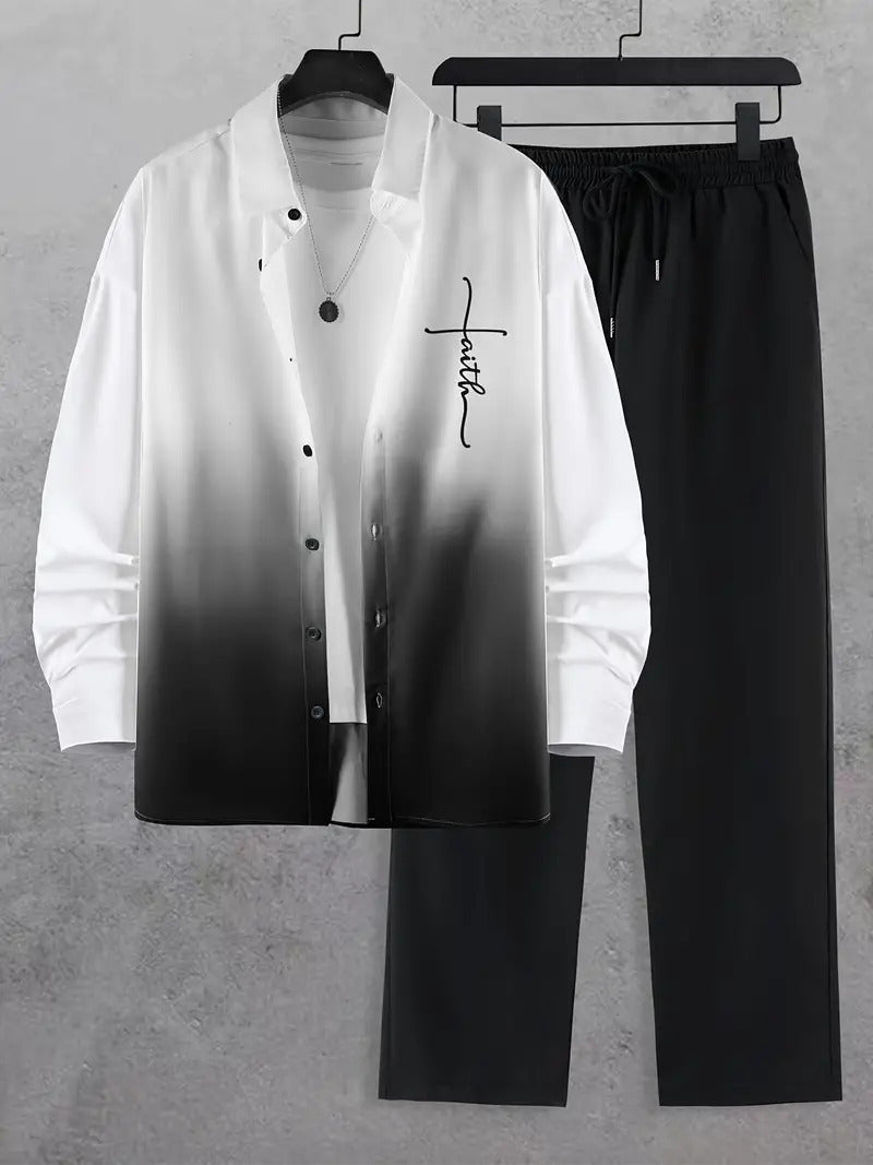 Fashion Trend Color Gradient Long Sleeve Shirt Trousers Suit