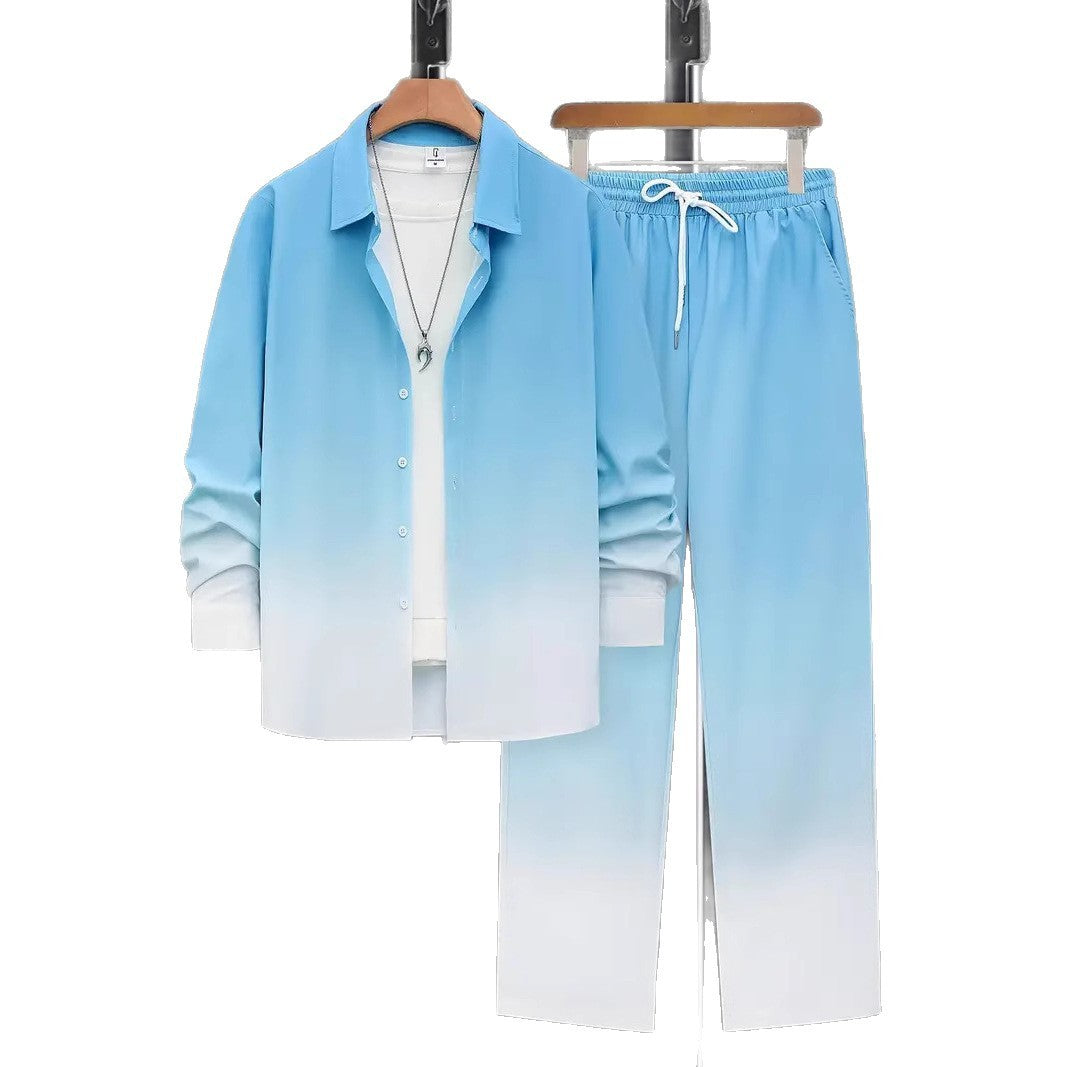 Fashion Trend Color Gradient Long Sleeve Shirt Trousers Suit