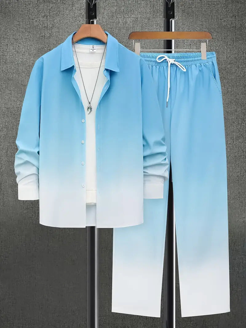 Fashion Trend Color Gradient Long Sleeve Shirt Trousers Suit