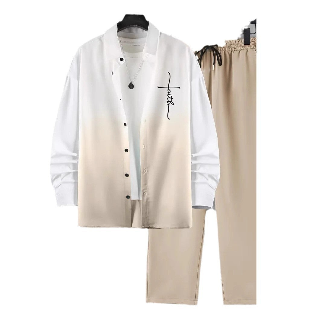 Fashion Trend Color Gradient Long Sleeve Shirt Trousers Suit
