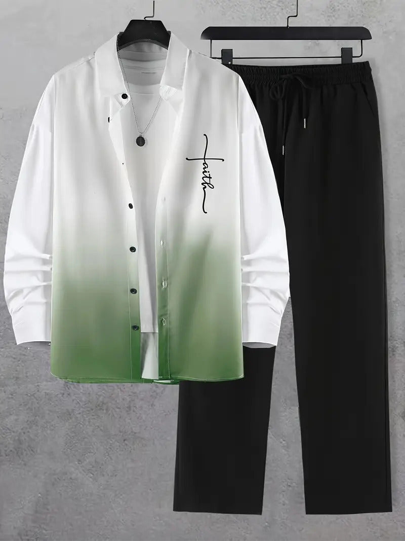 Fashion Trend Color Gradient Long Sleeve Shirt Trousers Suit